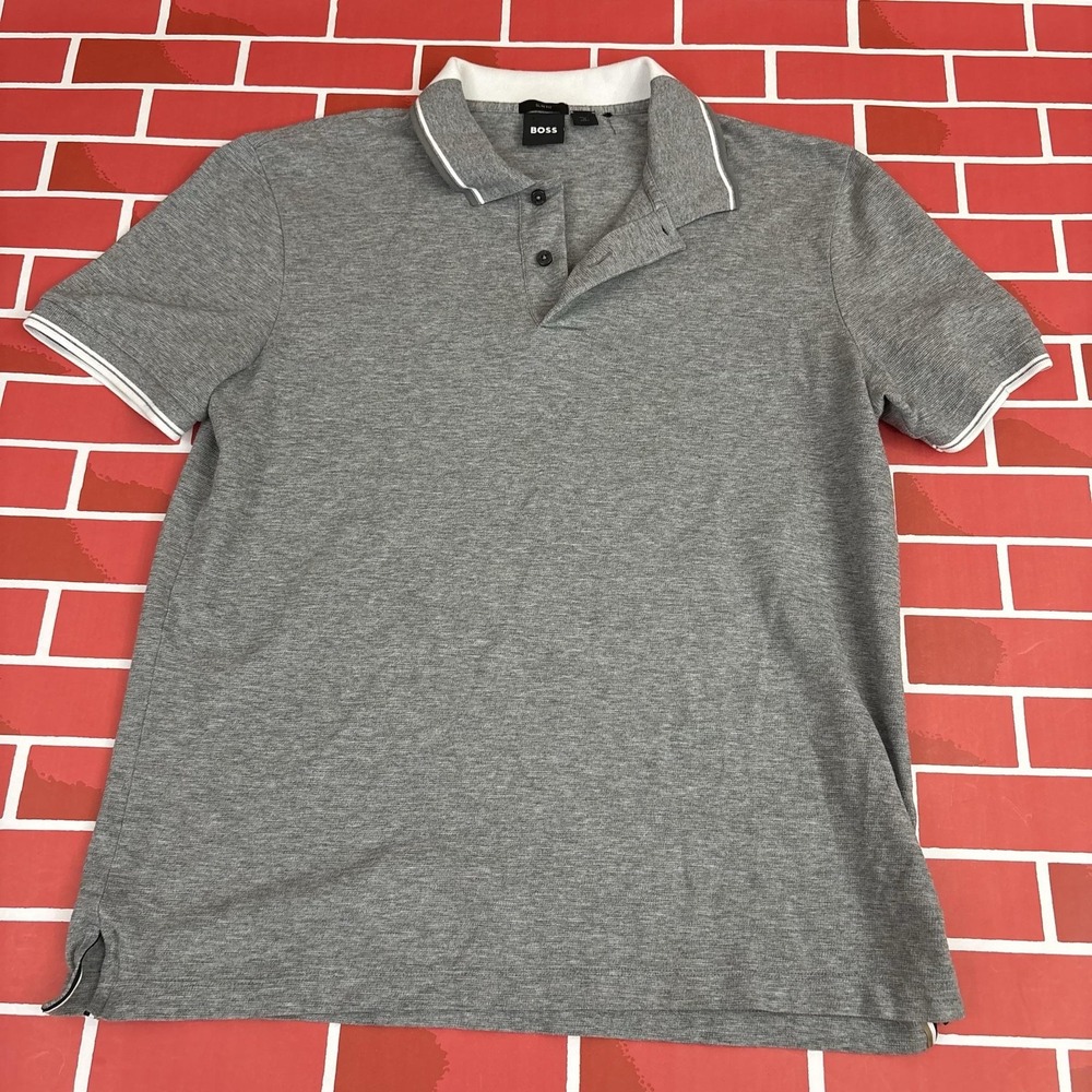 Hugo Boss Polo Shirt Mens L Gray Slim Fit Contrast Collar Short Sleeve Peru